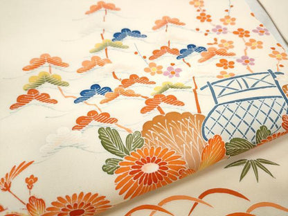 平和屋着物●塩瀬　九寸名古屋帯　友禅　松竹梅　正絹　逸品　CABB9270hy