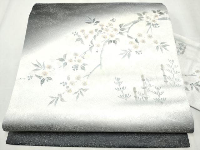 平和屋着物●九寸名古屋帯　つくし　枝桜文　銀通し地　正絹　逸品　CABB9272hy