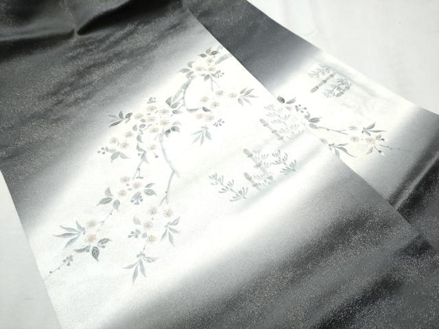 平和屋着物●九寸名古屋帯　つくし　枝桜文　銀通し地　正絹　逸品　CABB9272hy
