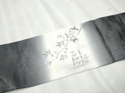 平和屋着物●九寸名古屋帯　つくし　枝桜文　銀通し地　正絹　逸品　CABB9272hy