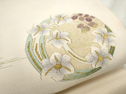 平和屋着物●爪掻き本綴れ　八寸名古屋帯　地紙花文　金糸　正絹　逸品　CABB9274hy