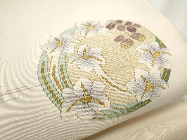 平和屋着物●爪掻き本綴れ　八寸名古屋帯　地紙花文　金糸　正絹　逸品　CABB9274hy