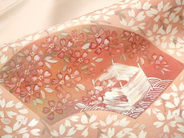 平和屋着物●塩瀬　九寸名古屋帯　手描き　地紙枝桜文　金彩　正絹　逸品　CABB9277hy