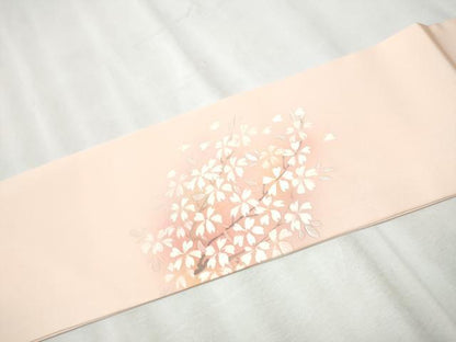 平和屋着物●塩瀬　九寸名古屋帯　手描き　地紙枝桜文　金彩　正絹　逸品　CABB9277hy