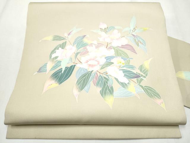 平和屋着物●塩瀬　九寸名古屋帯　友禅　作家物　枝花文　正絹　逸品　CABB9292hy