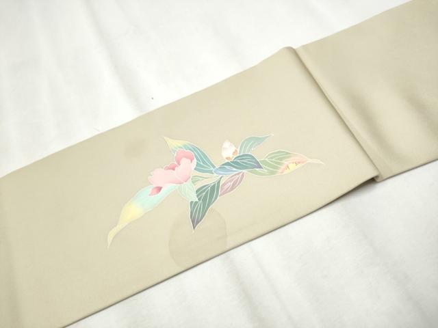 平和屋着物●塩瀬　九寸名古屋帯　友禅　作家物　枝花文　正絹　逸品　CABB9292hy