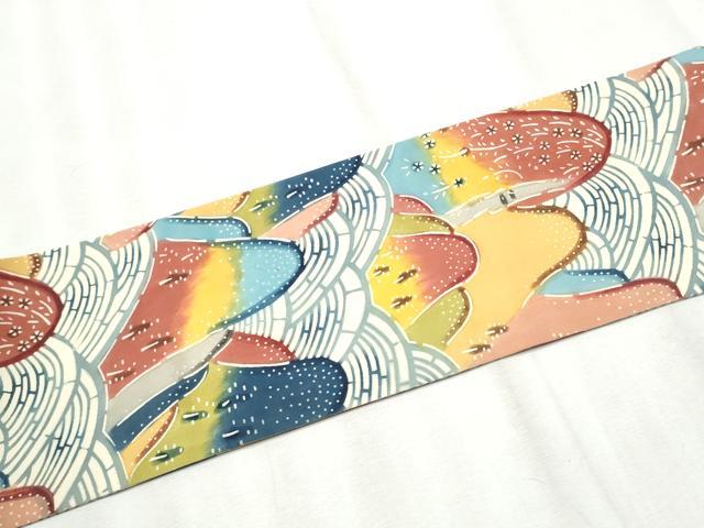 平和屋着物●塩瀬　九寸名古屋帯　作家物　型染め　遠山文　正絹　逸品　CABB9303hy