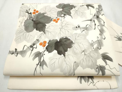 平和屋着物●塩瀬　九寸名古屋帯　作家物　手描き　葡萄蔦の葉文　正絹　逸品　CABB9304hy