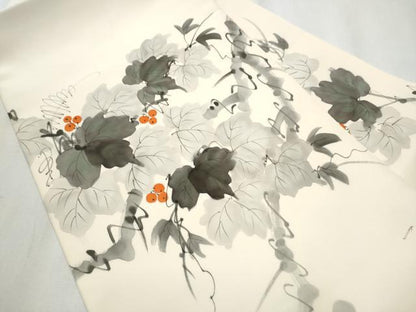 平和屋着物●塩瀬　九寸名古屋帯　作家物　手描き　葡萄蔦の葉文　正絹　逸品　CABB9304hy
