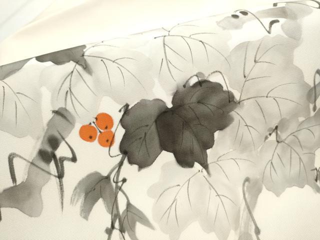 平和屋着物●塩瀬　九寸名古屋帯　作家物　手描き　葡萄蔦の葉文　正絹　逸品　CABB9304hy
