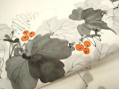 平和屋着物●塩瀬　九寸名古屋帯　作家物　手描き　葡萄蔦の葉文　正絹　逸品　CABB9304hy