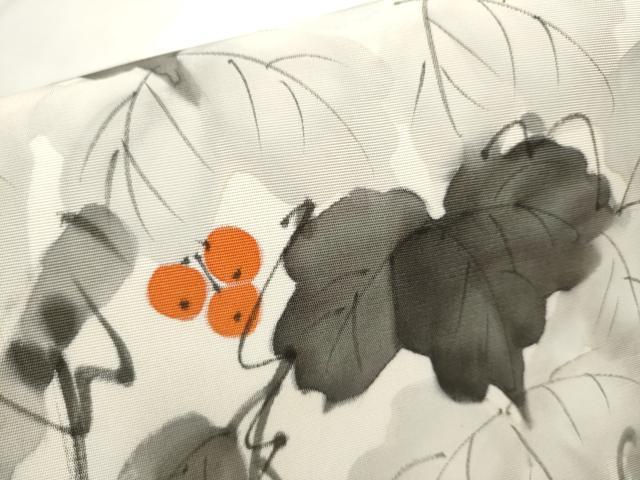 平和屋着物●塩瀬　九寸名古屋帯　作家物　手描き　葡萄蔦の葉文　正絹　逸品　CABB9304hy