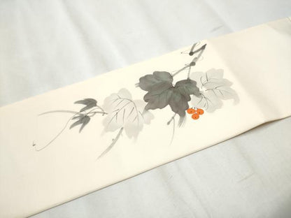 平和屋着物●塩瀬　九寸名古屋帯　作家物　手描き　葡萄蔦の葉文　正絹　逸品　CABB9304hy