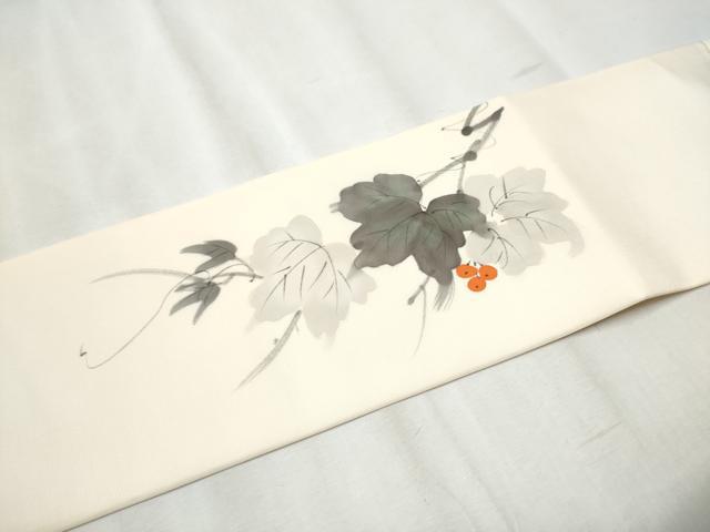 平和屋着物●塩瀬　九寸名古屋帯　作家物　手描き　葡萄蔦の葉文　正絹　逸品　CABB9304hy