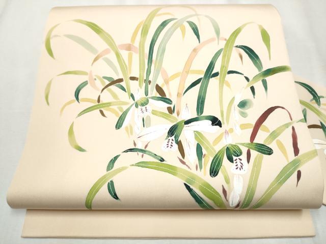 平和屋着物●塩瀬　九寸名古屋帯　作家物　手描き　草花文　正絹　逸品　CABB9305hy