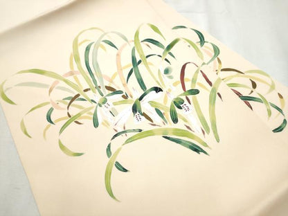 平和屋着物●塩瀬　九寸名古屋帯　作家物　手描き　草花文　正絹　逸品　CABB9305hy
