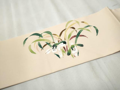 平和屋着物●塩瀬　九寸名古屋帯　作家物　手描き　草花文　正絹　逸品　CABB9305hy