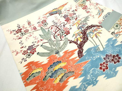平和屋着物●九寸名古屋帯　型染め　松竹梅　鬼しぼ縮緬　正絹　逸品　CABB9306hy