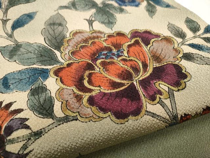 平和屋着物●九寸開き名古屋帯　手描き　更紗花文　鬼しぼ縮緬　正絹　逸品　CABB9311hy