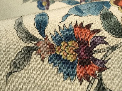 平和屋着物●九寸開き名古屋帯　手描き　更紗花文　鬼しぼ縮緬　正絹　逸品　CABB9311hy
