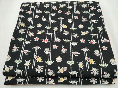 平和屋着物●両面　全通柄袋帯　型染め　草花音　黒地　鬼しぼ縮緬　正絹　逸品　CABB9325hy