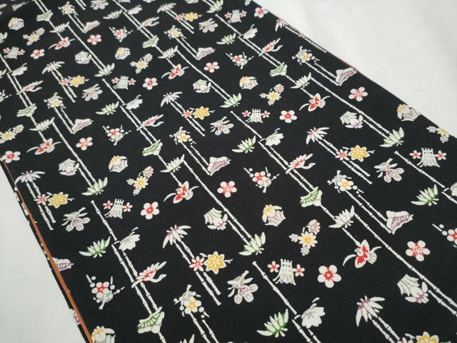 平和屋着物●両面　全通柄袋帯　型染め　草花音　黒地　鬼しぼ縮緬　正絹　逸品　CABB9325hy 平和屋着物○両面 全通柄袋帯 型染め 草花音 黒地 鬼しぼ縮緬 正絹