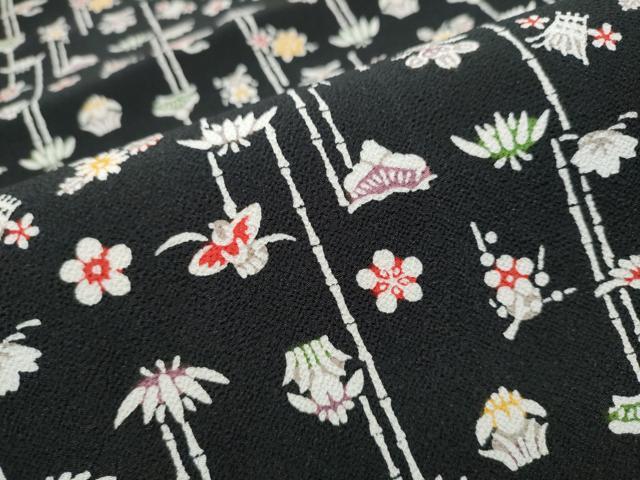 平和屋着物●両面　全通柄袋帯　型染め　草花音　黒地　鬼しぼ縮緬　正絹　逸品　CABB9325hy