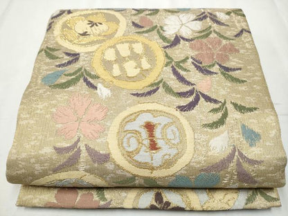 平和屋着物●六通柄袋帯　ふくれ織　草花丸文　正絹　逸品　CABB9329hy
