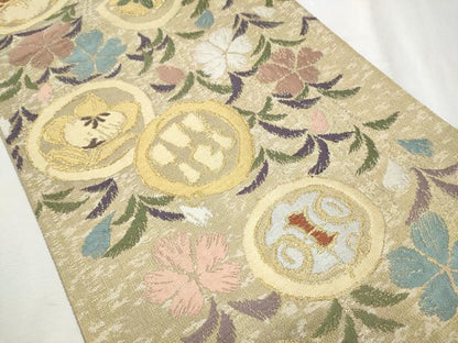 平和屋着物●六通柄袋帯　ふくれ織　草花丸文　正絹　逸品　CABB9329hy