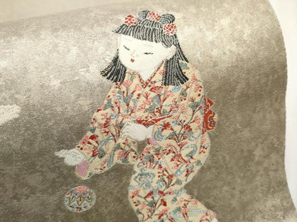 平和屋着物●加賀友禅の巨匠　初代由水十久　西陣長嶋成織物　ながしま帯　太鼓柄袋帯　手まり　瀞銀錦　正絹　逸品　CABB9330hy