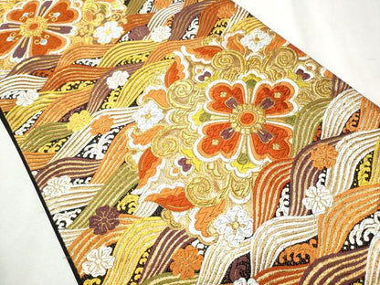 平和屋着物●西陣　河合美術織物謹製　六通柄袋帯　唐織　流水花唐草文　金糸　正絹　逸品　CABB9331hy