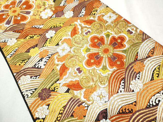 平和屋着物●西陣　河合美術織物謹製　六通柄袋帯　唐織　流水花唐草文　金糸　正絹　逸品　CABB9331hy