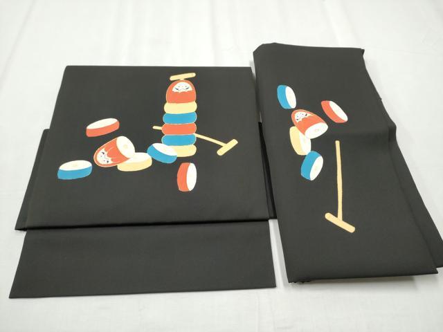 平和屋着物●塩瀬　つけ帯　希少柄　だるま落とし　黒地　金彩　正絹　逸品　CABB9341hy