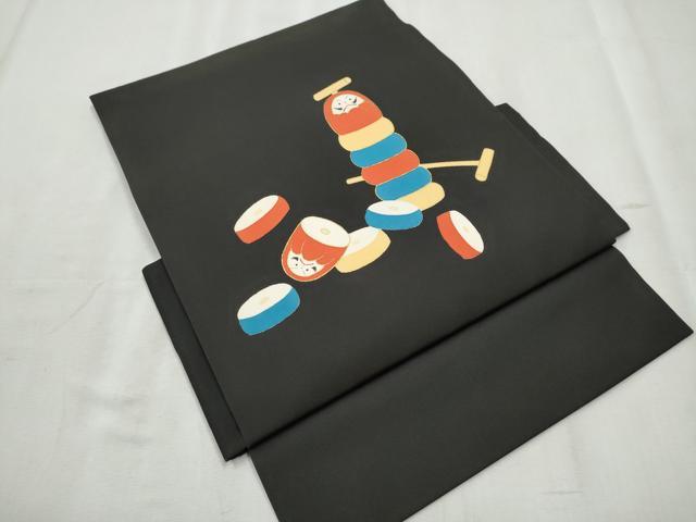 平和屋着物●塩瀬　つけ帯　希少柄　だるま落とし　黒地　金彩　正絹　逸品　CABB9341hy
