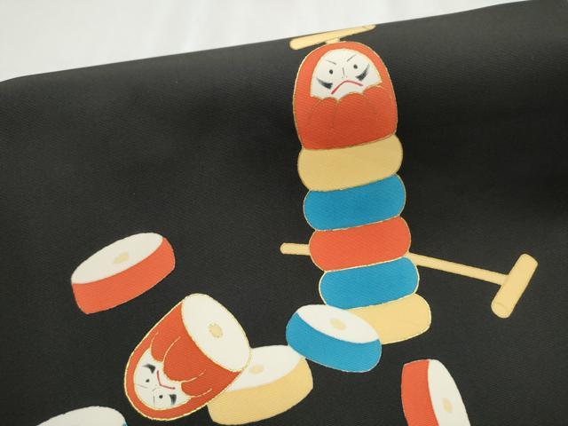 平和屋着物●塩瀬　つけ帯　希少柄　だるま落とし　黒地　金彩　正絹　逸品　CABB9341hy