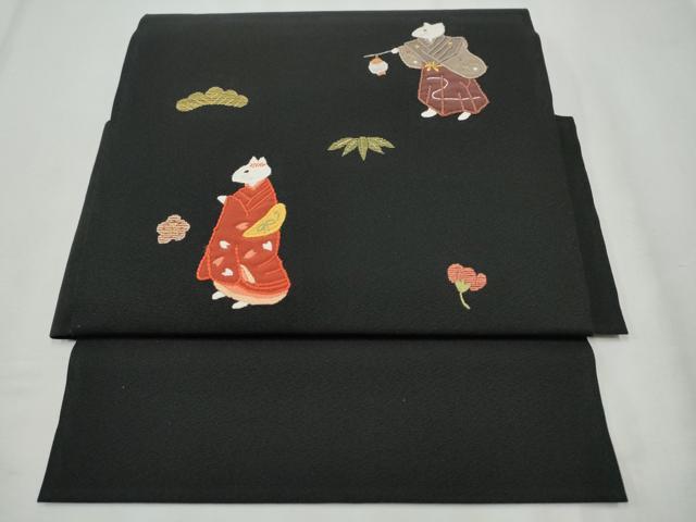 平和屋着物●つけ帯 駒刺繍 狐 松竹梅 黒地 金銀糸 正絹 逸品 CABB9343hy