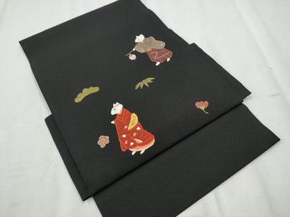 平和屋着物●つけ帯 駒刺繍 狐 松竹梅 黒地 金銀糸 正絹 逸品 CABB9343hy