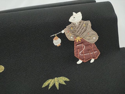 平和屋着物●つけ帯 駒刺繍 狐 松竹梅 黒地 金銀糸 正絹 逸品 CABB9343hy