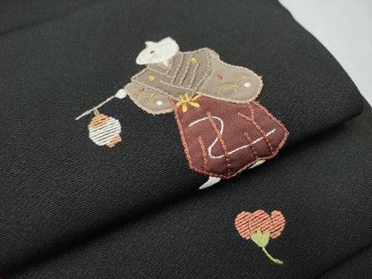 平和屋着物●つけ帯 駒刺繍 狐 松竹梅 黒地 金銀糸 正絹 逸品 CABB9343hy