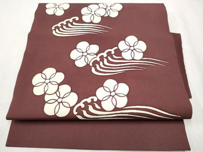 平和屋着物●塩瀬　つけ帯　流水花文　銀彩　正絹　逸品　CABB9344hy