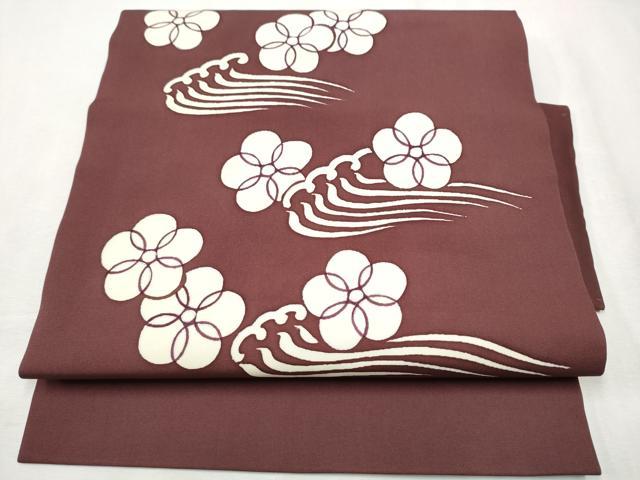 平和屋着物●塩瀬　つけ帯　流水花文　銀彩　正絹　逸品　CABB9344hy