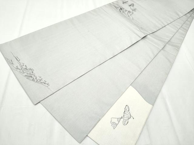 平和屋着物●六通柄袋帯 鳥獣戯画 銀通し地 正絹 逸品 CABB9348hy
