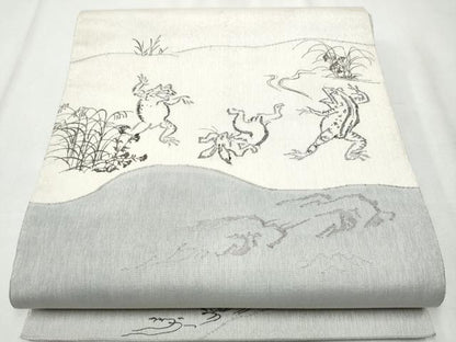 平和屋着物●六通柄袋帯 鳥獣戯画 銀通し地 正絹 逸品 CABB9348hy