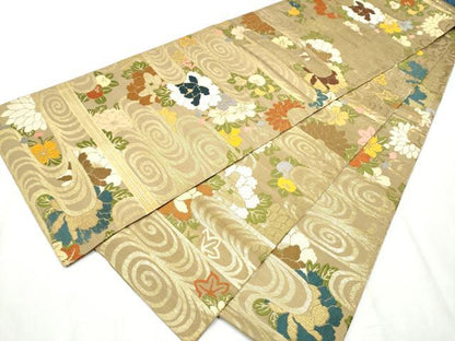 平和屋着物●アンティーク 大正ロマン 丸帯 唐織 流水花文 金糸 正絹 逸品 CABB9350hy