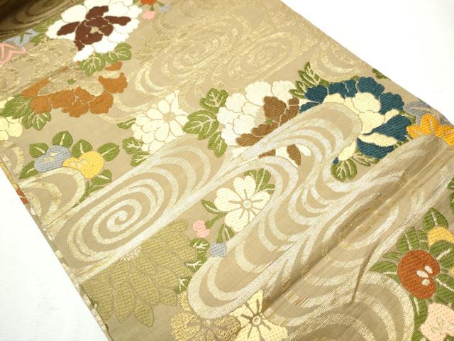 平和屋着物●アンティーク 大正ロマン 丸帯 唐織 流水花文 金糸 正絹 逸品 CABB9350hy
