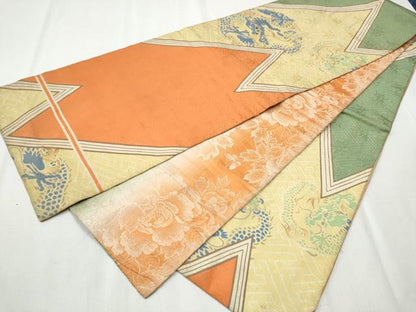 平和屋着物●アンティーク 大正ロマン 丸帯 駒刺繍 龍 引き抜き帯 正絹 逸品 CABB9354hy