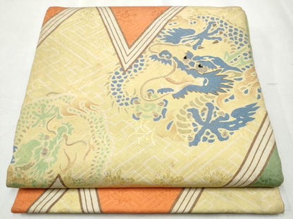 平和屋着物●アンティーク 大正ロマン 丸帯 駒刺繍 龍 引き抜き帯 正絹 逸品 CABB9354hy