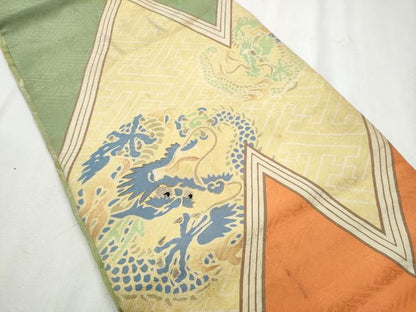 平和屋着物●アンティーク 大正ロマン 丸帯 駒刺繍 龍 引き抜き帯 正絹 逸品 CABB9354hy