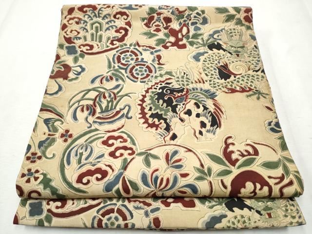 平和屋着物●アンティーク 大正ロマン 丸帯 龍 鳳凰花文 正絹 逸品 CABB9355hy