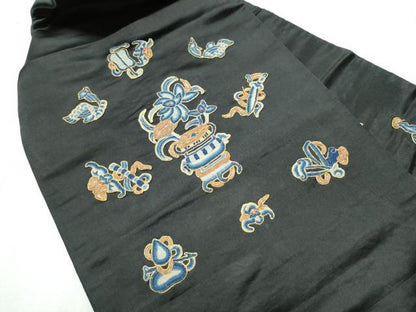 平和屋着物●アンティーク 大正ロマン 中国三大刺繍 相良刺繍 総刺繍 九寸名古屋帯 駒刺繍 ビーズ 陶器花文 黒地 金糸 正絹 逸品CABB9360hy